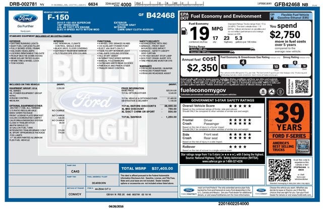 2016 Ford F-150 3.5L V6 4WD 4WD SuperCab 145" XL