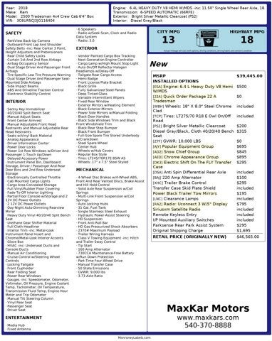 2018 RAM 2500 6.4L 8 Cyl Tradesman 4x4 Crew Cab 6'4" Box