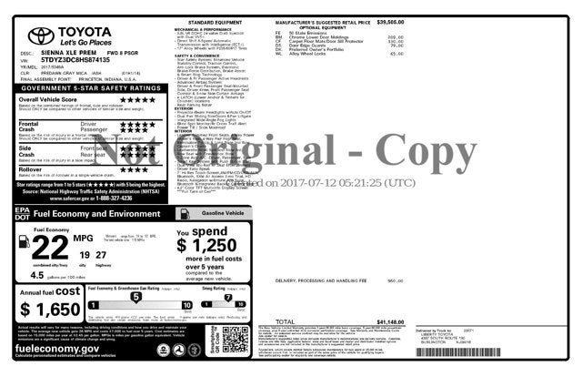 2017 Toyota Sienna 3.5L 6 Cyl XLE Premium FWD 8-Passenger