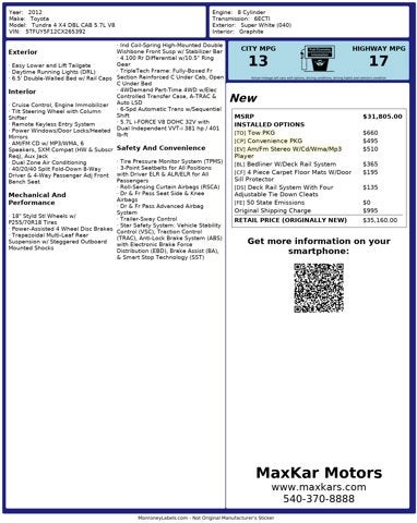 2012 Toyota Tundra 4WD Truck 5.7L 8 Cyl Double Cab 5.7L V8 6-Spd AT