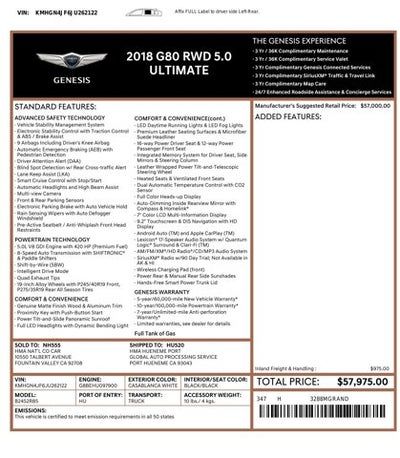 2018 Genesis G80 5.0L 8 Cyl 5.0L Ultimate RWD